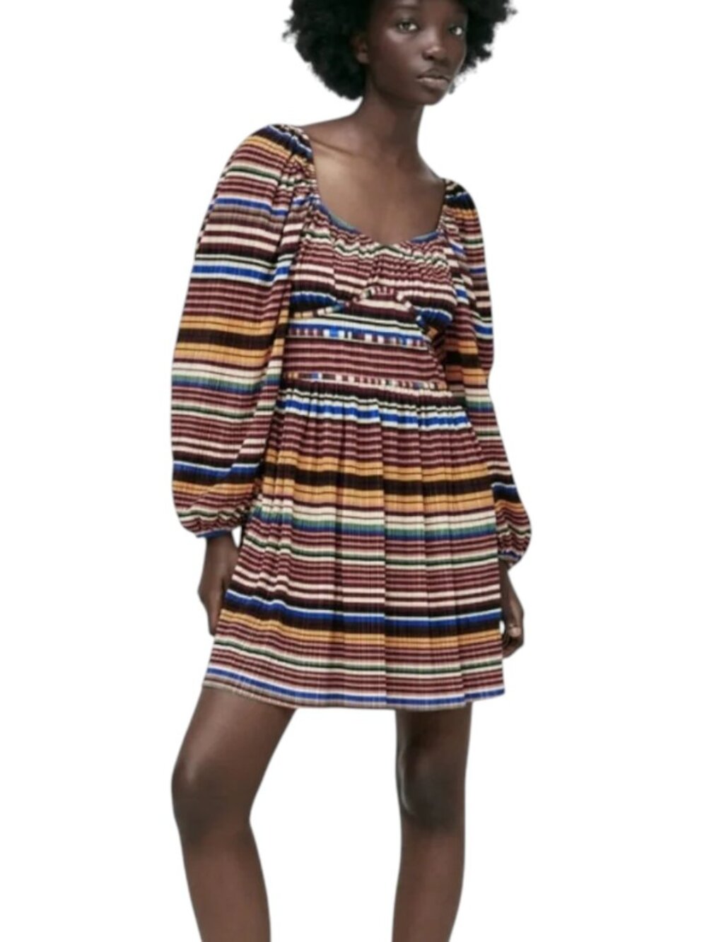 Zara Brown Striped Pleated Mini Dress